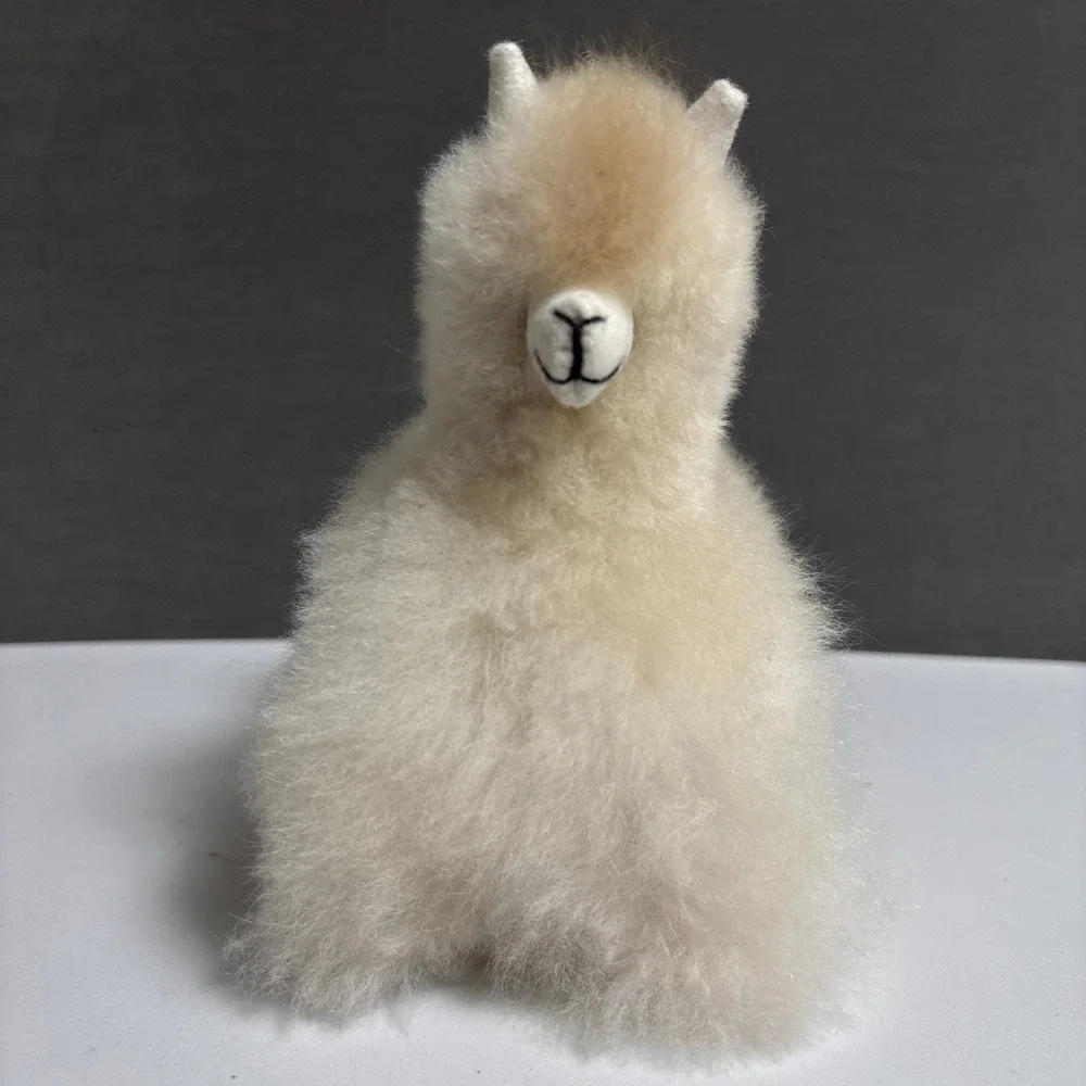 Alpaca Real Fur Figurine Handmade Peru Boho Soft Llama Cream Beige Baby Decor